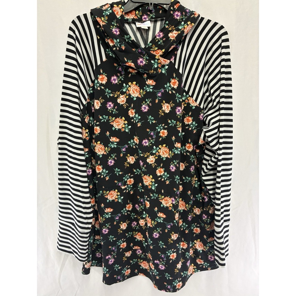 LuLaRoe Simply Comfortable 3XL Floral Stripe Hooded Tunic Top Plus‎ Size